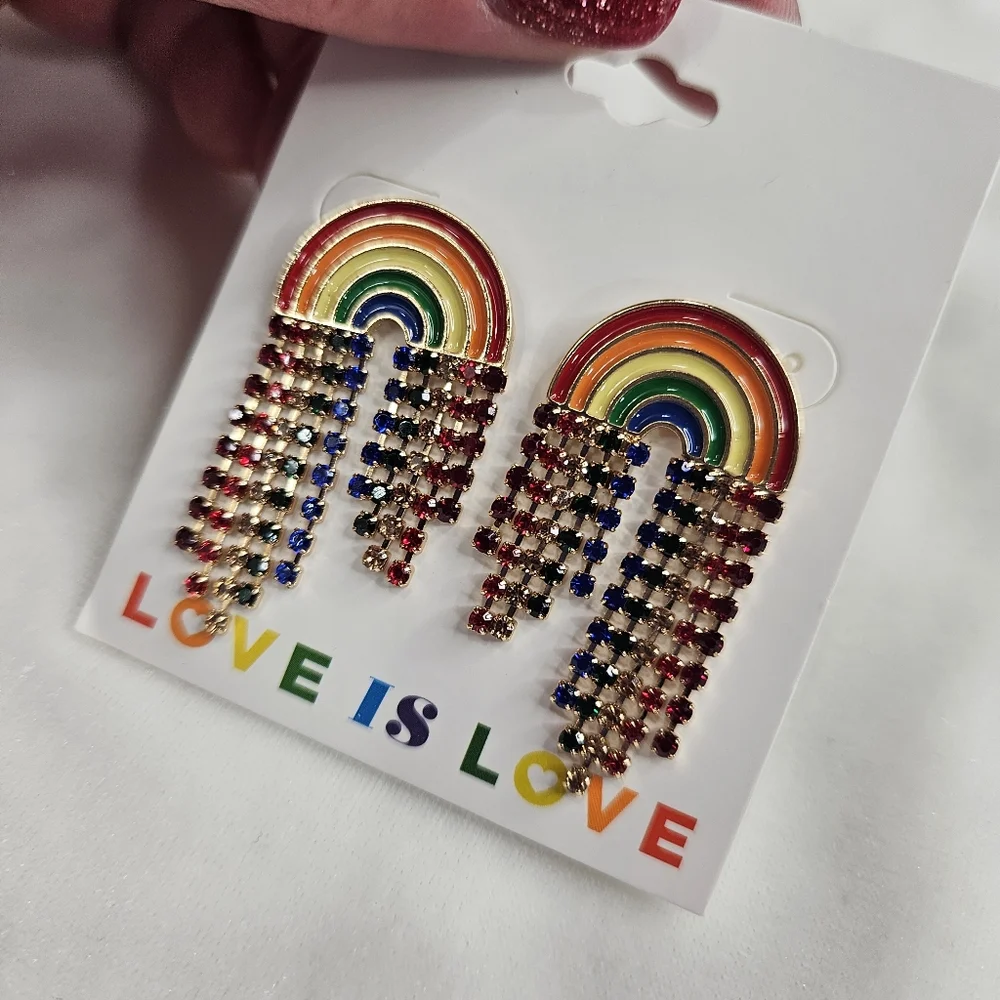 Love Is Love Rainbow Rhinestone Pierced Earrings NWT LBGTQ Pride Fashion Jewelry